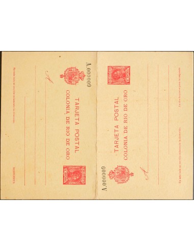 Río de Oro. Entero Postal. (*)EP4. 1907. 10 cts + 10 cts carmín sobre Tarjeta Entero Postal de ida y vuelta. MAGNIFICA Y RARA.