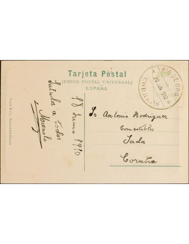 Río de Oro. Sobre 56MP. 1910. 10 cts verde sobre borde de hoja. Tarjeta Postal de RIO DE ORO a LA CORUÑA. Matasello RIO DE ORO