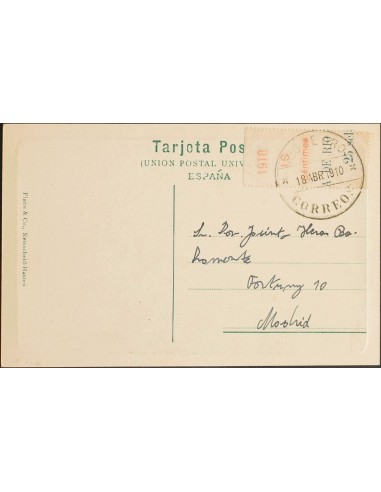 Río de Oro. Sobre 55MP. 1910. 10 cts rojo sobre borde de hoja. Tarjeta Postal de RIO DE ORO a MADRID. Matasello RIO DE ORO / C