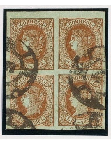 Andalucía. Filatelia. º67(4). 1864. 1 real castaño, bloque de cuatro. Matasello R.CARRETA Nº5, de Granada. MAGNIFICO Y MUY RAR