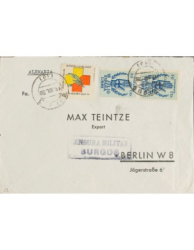 Estado Español. Sobre 853(2). 1938. 30 cts azul, pareja y viñeta de ASISTENCIA A FRENTES Y HOSPITALES. BURGOS a BERLIN (ALEMAN
