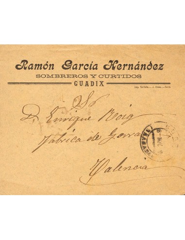 Andalucía. Historia Postal. Sobre . 1919. GUADIX (GRANADA) a VALENCIA. Al dorso manuscrito "Certifico: que en el día de hoy no