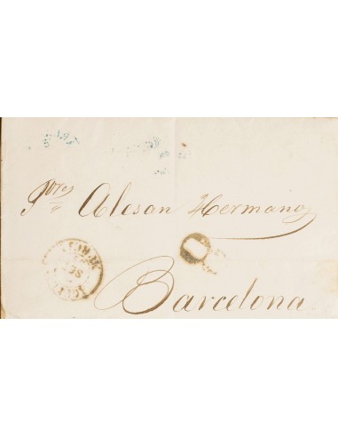 Isabel II. Periodo Sin Dentar. Sobre . 1855. AGUILAS a BARCELONA. Porteo "8" y al dorso manuscrito "No hay sellos de franqueo"