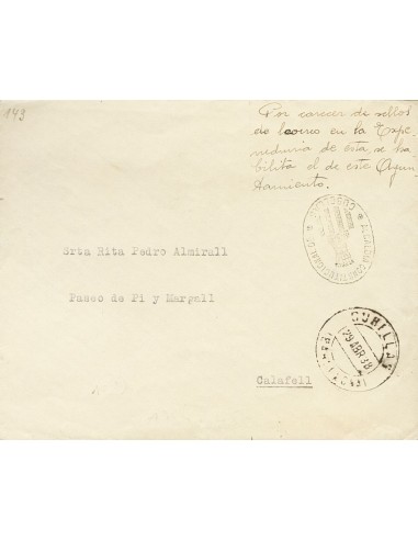 Cataluña. Historia Postal. Sobre . 1938. CUBELLAS (BARCELONA) a CALAFELL. Marca ALCALDIA CONSTITUCIONAL DE / CUBELLAS, en negr