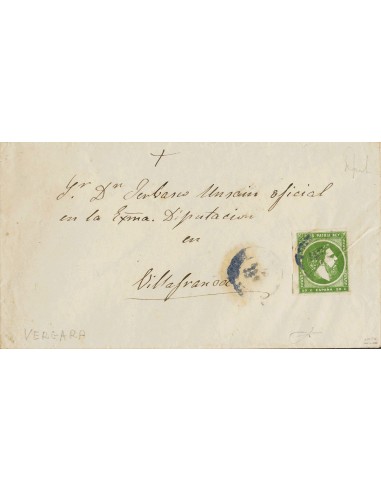 Correo Carlista. Sobre 160. 1875. 50 cts verde. VERGARA a VILLAFRANCA. Matasello (fechador) VERGARA (no legible), en azul. MAG