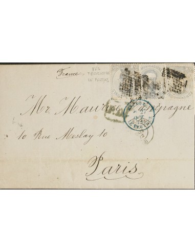 Amadeo I. Sobre 122(3). 1872. 12 cts gris lila, tres sellos. BARCELONA a PARIS (FRANCIA). Franqueada con la tarifa de 36 cts (