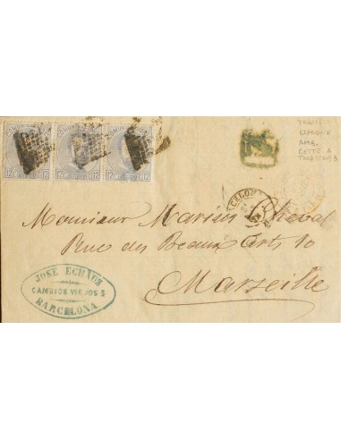 Amadeo I. Sobre 122(3). 1872. 12 cts lila gris, tres sellos. BARCELONA a MARSELLA. Franqueada con la tarifa de 36 cts (150 mil