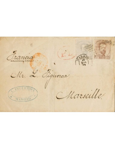 Amadeo I. Sobre 122, 124. 1872. 12 cts gris lila y 25 cts castaño. MADRID a MARSELLA. Inusual combinación de franqueo (con exc