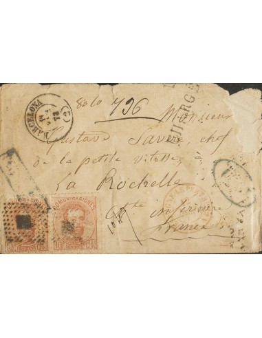 Amadeo I. Sobre 125(2). 1872. 40 cts castaño, pareja. Certificado de BARCELONA a LA ROCHELLE (FRANCIA) (pequeña falta sin impo