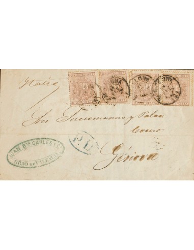 I República. Sobre 153(5). 1875. 10 cts castaño, cinco sellos, uno al dorso. BARCELONA a GENOVA (ITALIA). Matasello BARCELONA