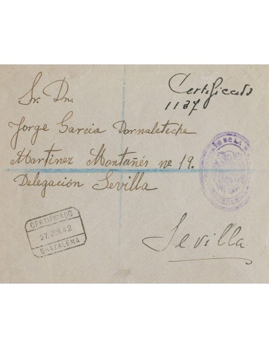 Andalucía. Historia Postal. Sobre . 1942. Certificado de GRAZALEMA (CADIZ) a SEVILLA. Marca AYUNTAMIENTO DE LA M.N. VILLA DE /