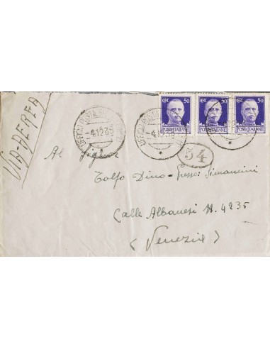 Guerra Civil. Voluntario Italiano. Sobre . 1938. 50 cts violeta de Italia, tres sellos. Correo Aéreo dirigido a VENECIA (ITALI
