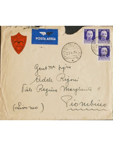 Guerra Civil. Voluntario Italiano. Sobre . 1937. 50 cts violeta de Italia, tres sellos. Sobre Ilustrado "Flechas Negras" desde