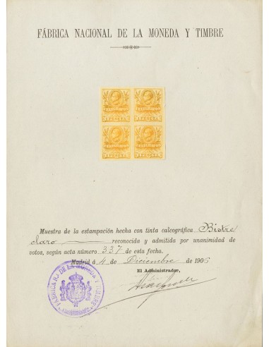 Telégrafos. (*). 1906. 1 pts amarillo, bloque de cuatro. Documento de la Fábrica Nacional de la Moneda y Timbre, con la muestr