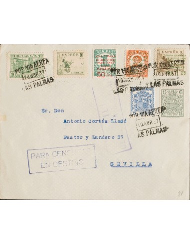 Fiscal. Sobre 89, 49. 1937. 15 cts verde gris, 5 cts azul y diversos valores de correo ordinario y Canarias. LAS PALMAS a SEVI