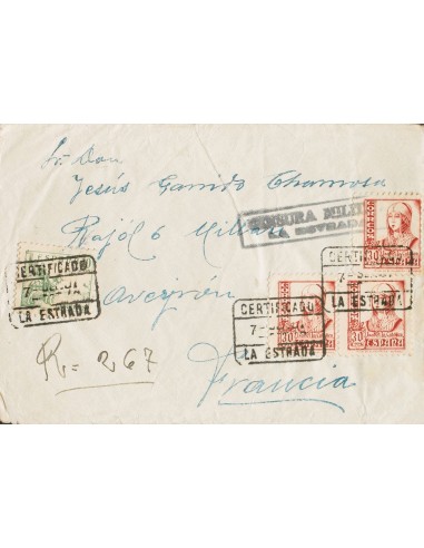Guerra Civil. Censura Militar Bando Nacional. Sobre 823(3), 817. 1937. 30 cts rosa, tres sellos y 10 cts verde. Certificado de