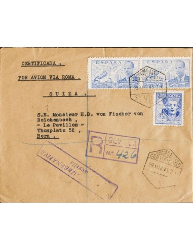 Estado Español Correo Aéreo. Sobre 944(2), 956. 1943. 1 pts azul, dos sellos y 75 cts ultramar. Certificado de SEVILLA a BERNA