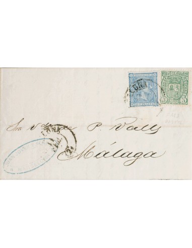 Falso Postal. Sobre 154F, 164. 1875. 5 cts verde FALSO POSTAL TIPO UNICO y 10 cts azul. BARCELONA a MALAGA. MAGNIFICA.