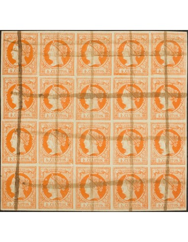 Falso Postal. º52F(20). 1860. 4 cuartos naranja FALSO POSTAL TIPO XIV, bloque de veinte. Inutilizado a pluma. MAGNIFICO Y RARI