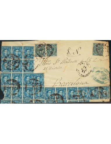 Alfonso XIII. Fragmento 175(20), 183(3). 1877. 10 cts azul, veinte sellos y 5 cts verde, tres sellos de Impuesto de Guerra. Fr