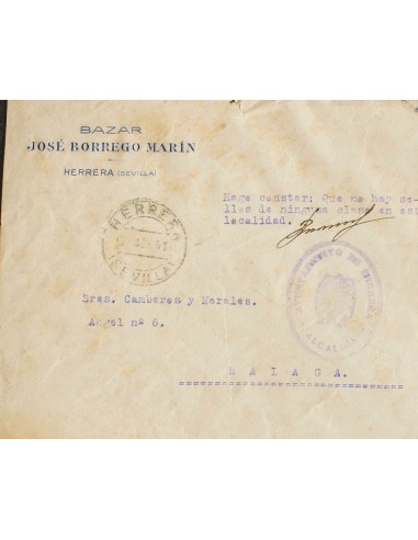 Andalucía. Historia Postal. Sobre . 1941. HERRERA (SEVILLA) a MALAGA. Marca AYUNTAMIENTO DE HERRERA / ALCALDIA, en violeta y t