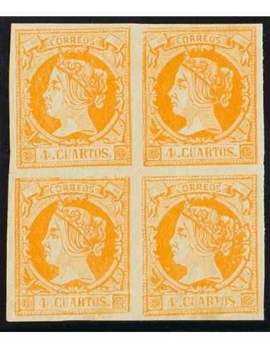 Falso Postal. (*)52F(4). 1860. 4 cuartos naranja FALSO POSTAL TIPO XIII, bloque de cuatro. MAGNIFICO Y RARISIMO EN NUEVO, ESPE