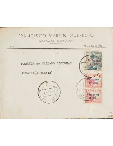 Ifni. Sobre 40(2), 47. 1951. 10 cts rosa, dos sellos y 50 cts pizarra (ligeramente tonalizados, sin importancia). SIDI IFNI a