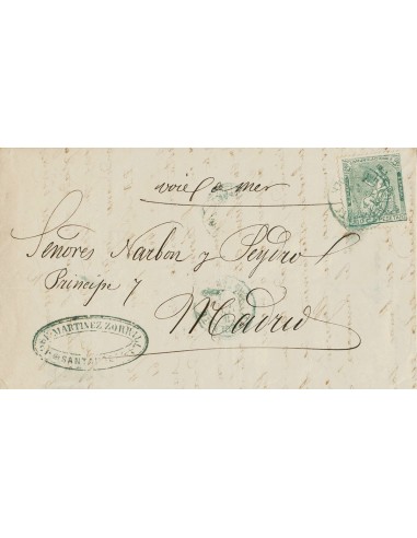 Ambulante. Historia Postal. Sobre 133. 1873. 10 cts verde. BAYONA a MADRID, transportada por "Vía de mar" a Santander, donde s