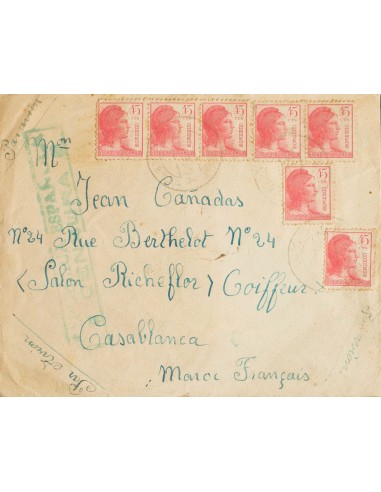 Guerra Civil. Bando Republicano. Sobre 752(4). 1938. 45 cts rosa, siete sellos. Dirigida a CASABLANCA (MARRUECOS). Matasello C