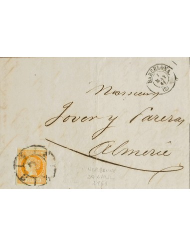 Cataluña. Historia Postal. Sobre 52. 1861. 4 cuartos naranja. NARBONA (FRANCIA) a ALMERIA, encaminada privadamente hasta Barce