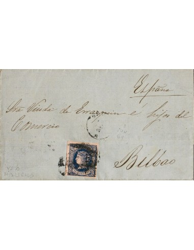 Filipinas. Sobre 200. 1869. 12 4/8 ctvos azul HABILITADO POR LA NACION. MANILA a BILBAO, circulada vía Marsella. MAGNIFICA Y M
