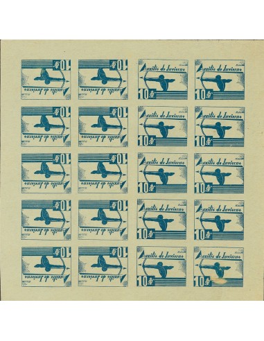 Guerra Civil. Viñeta. (*). 1937. 10 cts azul sobre papel amarillo (Arquero), hoja completa de veinte sellos AUXILIO DE INVIERN