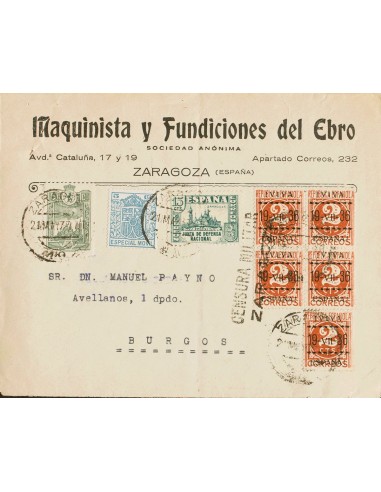 Guerra Civil. Emisión Local Patriótica. Sobre 5(5). 1937. 2 cts castaño, cinco sellos (Tipo I), 15 cts verde, timbre móvil de
