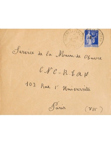 Guerra Civil. Campo de Refugiados. Sobre . 1939. 90 cts azul de Francia con sobrecarga "F". SERVIERES LE CHATEAU a PARIS (FRAN
