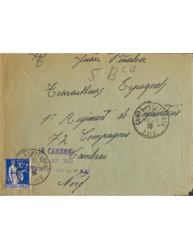 Guerra Civil. Campo de Refugiados. Sobre . 1939. 90 cts azul de Francia con sobrecarga "F". SEPTFONDS a CAMBRAI. Matasello CAM