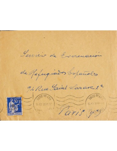 Guerra Civil. Campo de Refugiados. Sobre . 1939. 90 cts azul de Francia con sobrecarga "F". CLERMONT FERRAND a PARIS (FRANCIA)