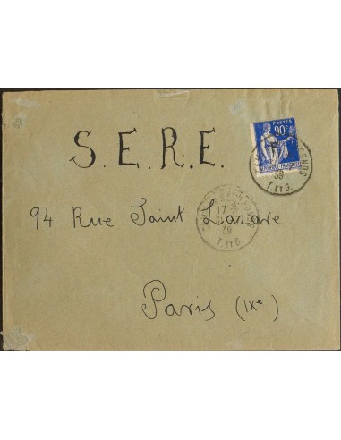 Guerra Civil. Campo de Refugiados. Sobre . 1939. 90 cts azul de Francia, con sobrecarga "F". SEPTFONDS a PARIS (FRANCIA). Mata
