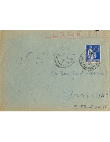 Guerra Civil. Campo de Refugiados. Sobre . 1938. 90 cts azul de Francia, sobrecarga "F". SAINT CYPRIEN a PARIS (FRANCIA). Mata