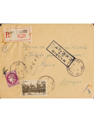 Guerra Civil. Campo de Refugiados. Sobre . 1941. 3 fr violeta y 5 fr castaño, ambos de Francia. Certificado de AGDE a MADRID.