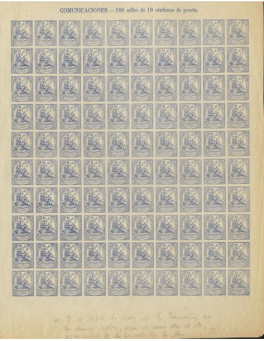 Falso Postal. **/*145F(100). 1874. 10 cts ultramar, hoja de cien sellos. FALSO POSTAL TIPO II (sin dentar). MAGNIFICA Y RARA H