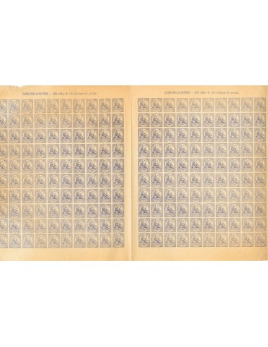 Falso Postal. (*)145F(200). 1874. 10 cts ultramar, hoja completa incluyendo los dos paneles de cien sellos cada uno, en total
