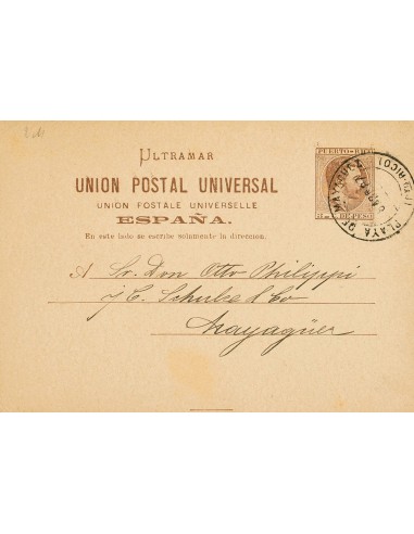 Puerto Rico. Entero Postal. Sobre EP2. 1887. 3 ctvos castaño sobre Tarjeta Entero Postal dirigida a MAYAGÜEZ. Matasello PLAYA