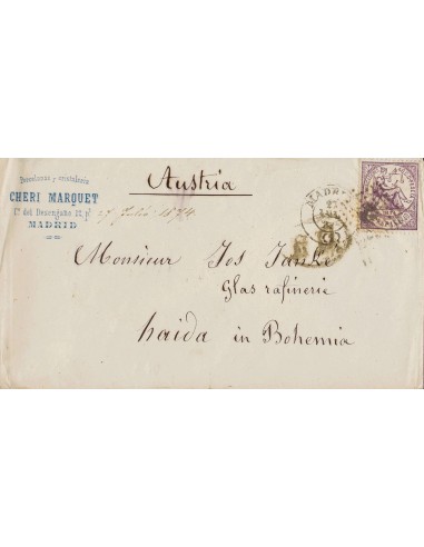 I República. Sobre 148. 1874. 40 cts violeta. MADRID a HAIDA (actual NOVIBOR, en BOHEMIA). MAGNIFICA Y RARO DESTINO.