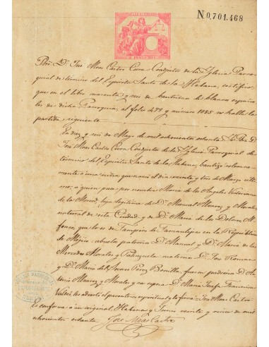 Cuba. Sobre . 1880. 2´50 pts rosa sobre PAPEL SELLADO (fiscal) sobre partida de bautismo de LA HABANA. MAGNIFICA.