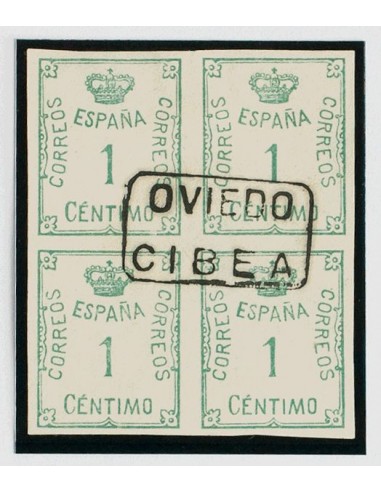 Asturias. Filatelia. º291(4). 1920. 1 cts verde, bloque de cuatro. Matasello cartería OVIEDO / CIBEA. MAGNIFICA Y RARA.