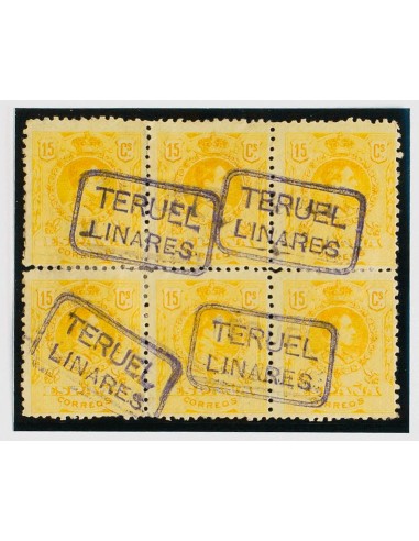 Aragón. Filatelia. º271(6). 1909. 15 cts amarillo, bloque de seis. Matasello cartería TERUEL / LINARES, en violeta. MAGNIFICA