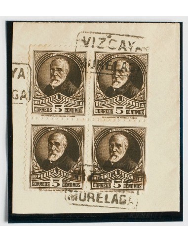 País Vasco. Filatelia. Fragmento 663(4). 1932. 5 cts castaño negro, bloque de cuatro, sobre fragmento. Matasello cartería VIZC
