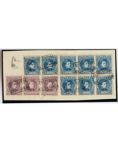 País Vasco. Filatelia. Fragmento 245(3), 248(8). 1901. 15 cts castaño lila, tres sellos y 25 cts azul, ocho sellos, sobre frag