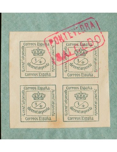 Galicia. Filatelia. º173. 1876. 4/4 cts verde, sobre fragmento. Matasello cartería PONTEVEDRA / SALCEDO, en rojo. MAGNIFICA Y