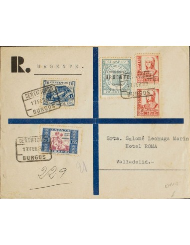Guerra Civil. Emisión Local Patriótica. Sobre 50. 1937. 20 cts verde, 30 cts rosa, dos sellos, 5 cts de Beneficencia y 10 cts